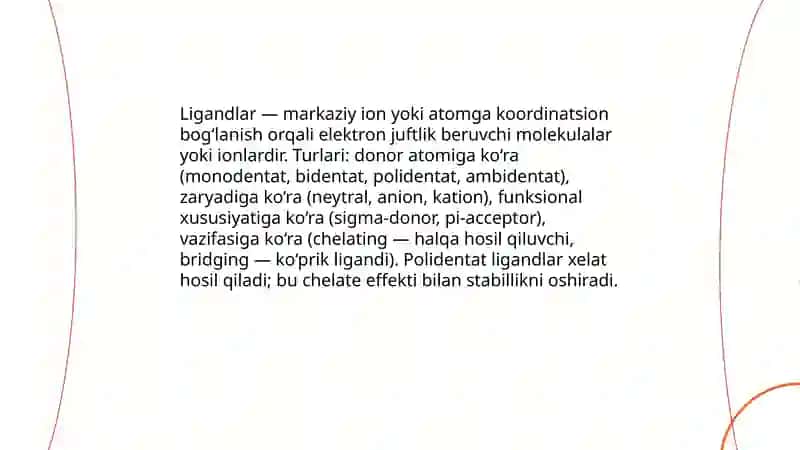 Kompleks birikmalar. Biokomleks birikmalar. Ichki kompleks birikmalar. Xelatlar 4