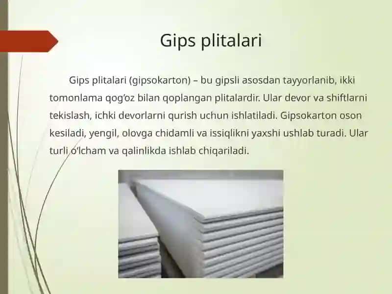 Gips mahsulotlari, ularning turlari va ishlatilish sohalari 4