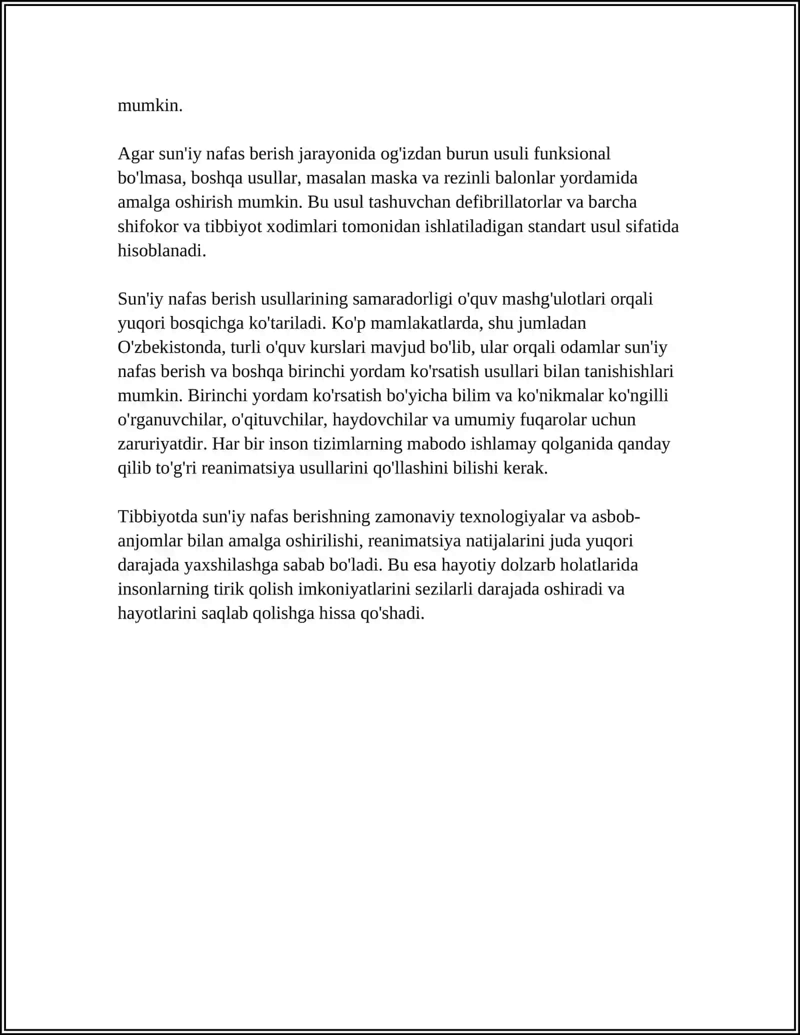 SUN’IY NAFAS BERISH VA YURAKNI MASSAJ QILISH (BIRINCHI YORDAM BERISH) USULLARINI O’RGANISH 4