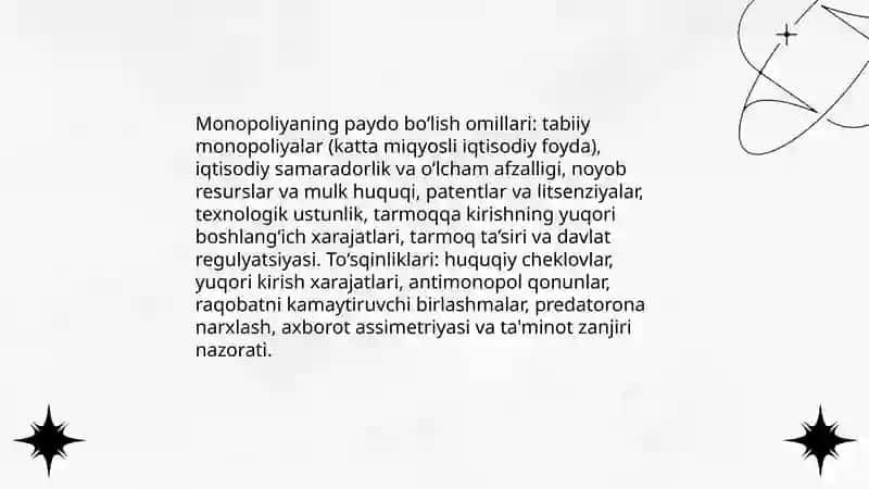 Monopoliya va monopolistik faoliyat bozor iqtisodiyotidagi roli 4