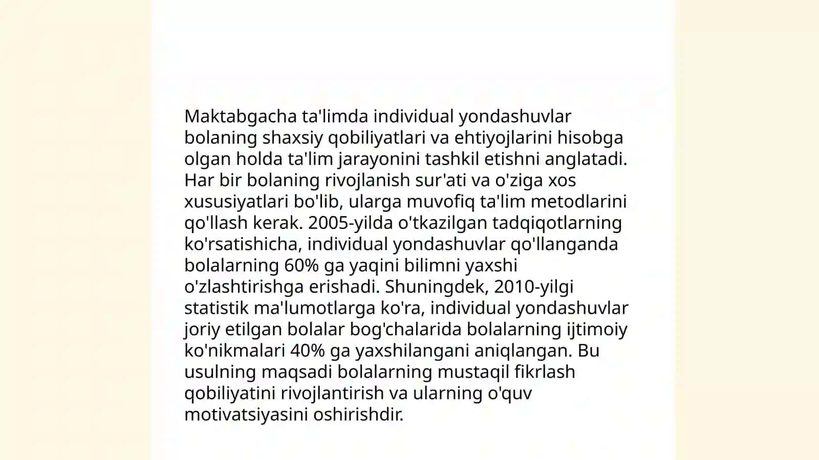 Individual yoʻnaltirilgan oʻqitishni tashkil etish, Maktabgacha yoshdagi bolalar 4