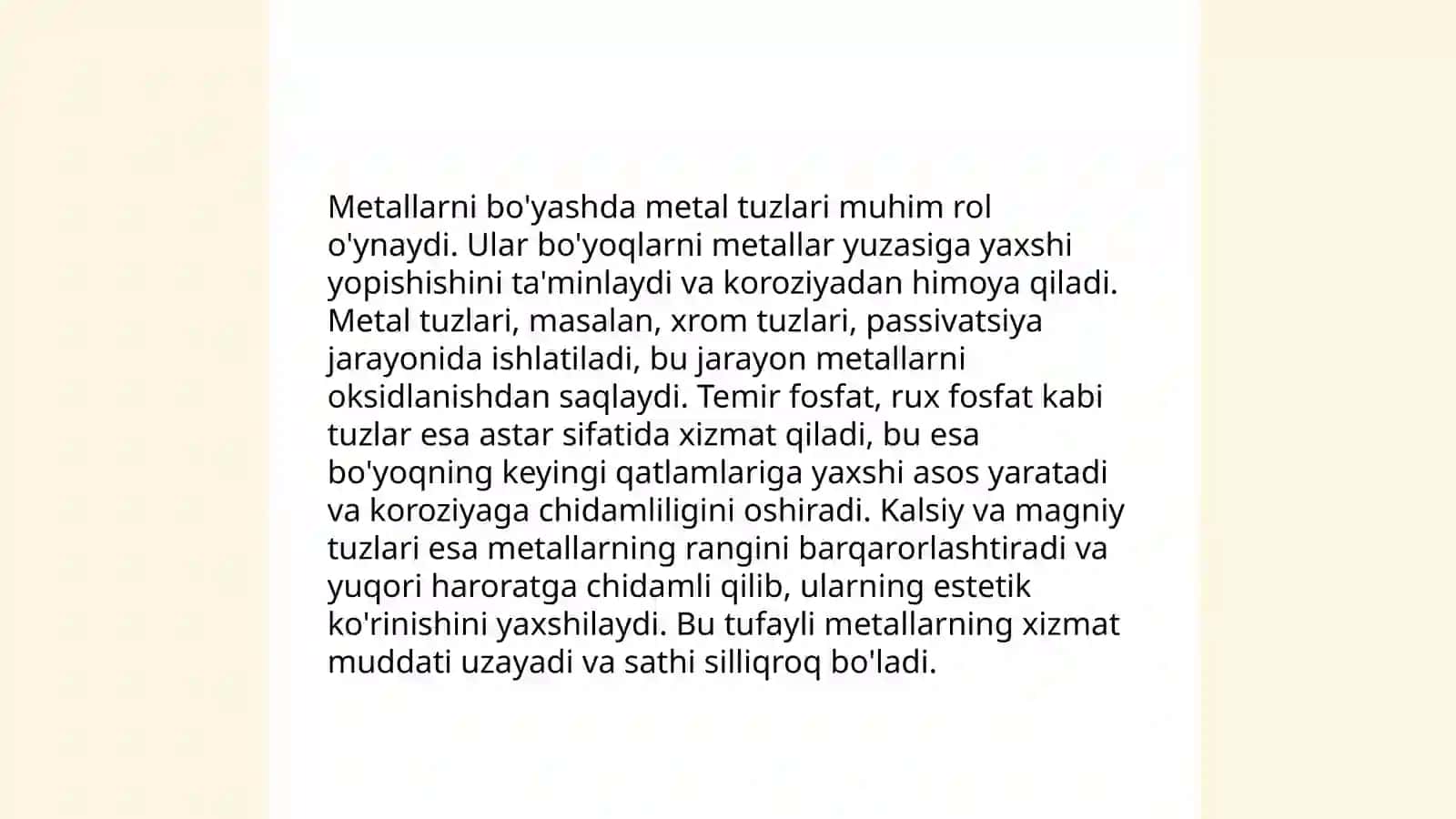 Matolarni kimyoviy pardozlash, teri va mo'ynaga ishlov berish jarayonlarida noorganik moddalarning qo'llanilishi 4