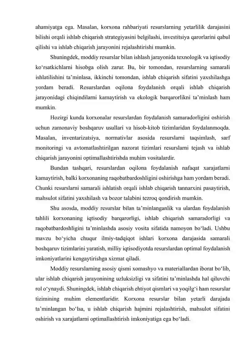 Moddiy Resurslar Bilan Ta'minlanganlik va Ulardan Foydalanish Tahlili 4