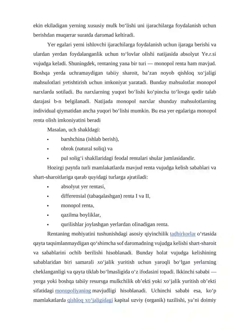 Yer rentasining mazmuni va turlari 4