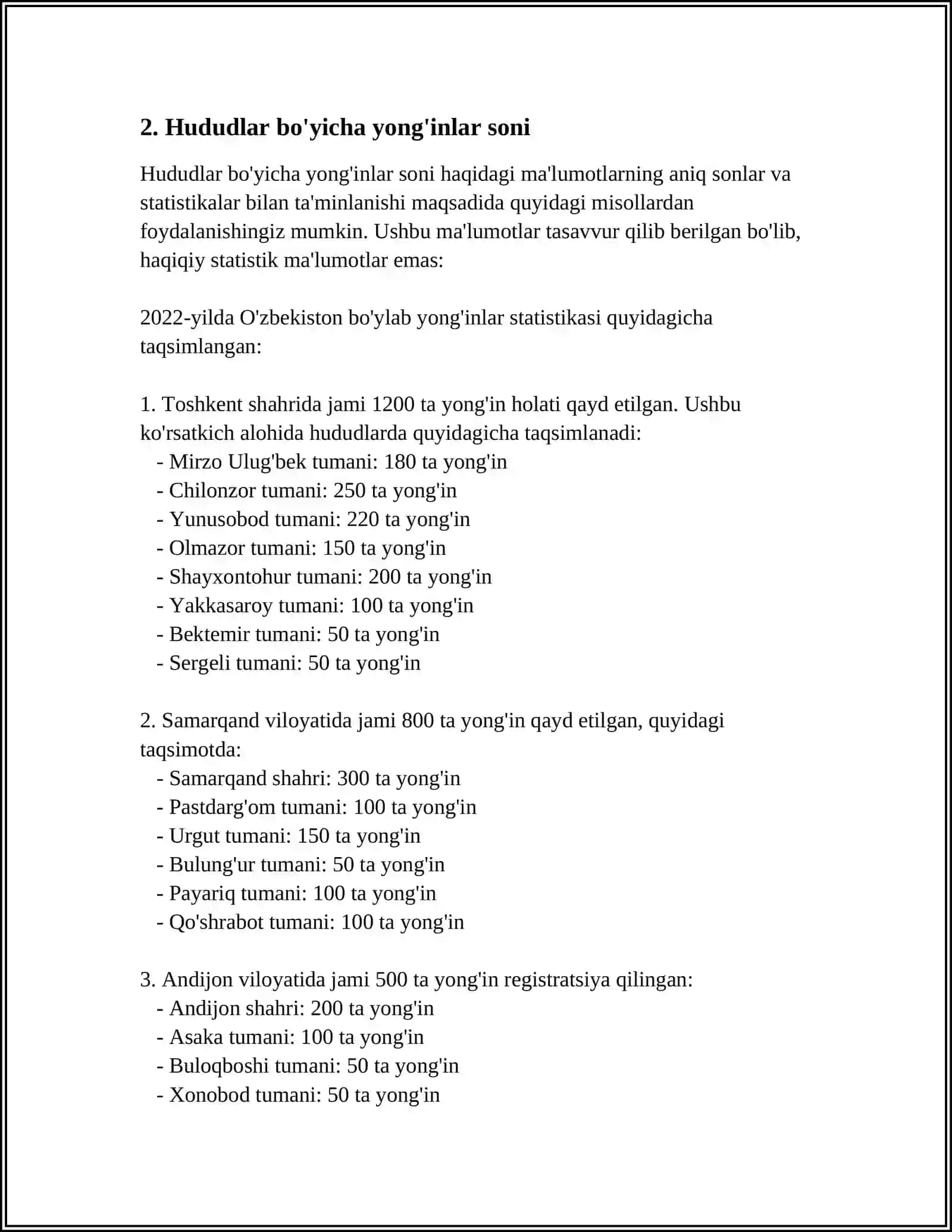 RESPUBLIKA BO'YICHA YONG'INLAR SODIR BO'LISHI VA ULARDA KO'RILADIGAN ZARARLAR TO'G'RISIDA STATIK MA'LUMOTLAR TAHLILI 4
