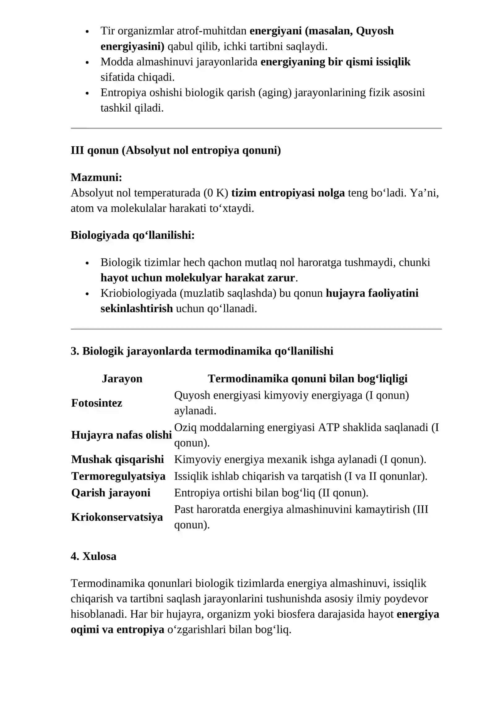 TERMODINAMIKA QONUNLARI. BIOLOGIK JARAYONLARDA QO‘LLANILISHI 4