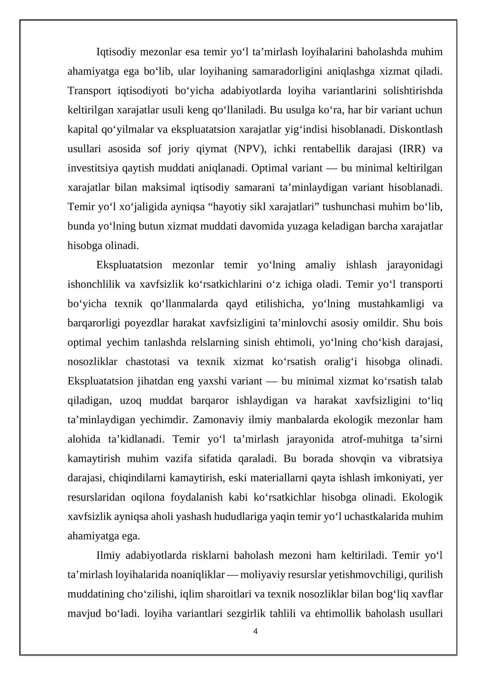 Temir yo‘llarni ta’mirlash loyihalarining optimal echimlarini tanlash usullari 4