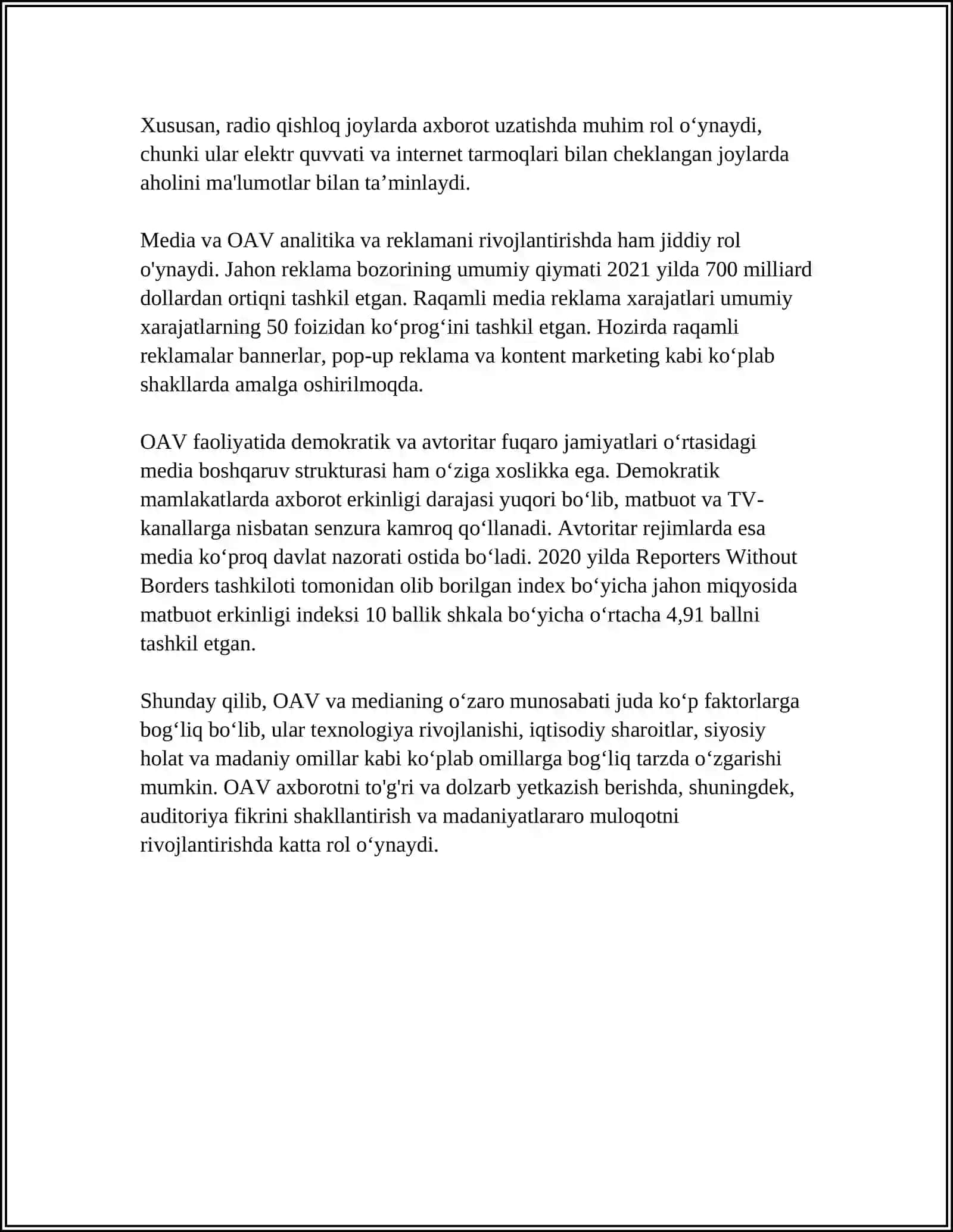 MEDIANING BOSHQA AXBOROT XIZMATLARI BILAN O'ZORO MUNOSABATI 4