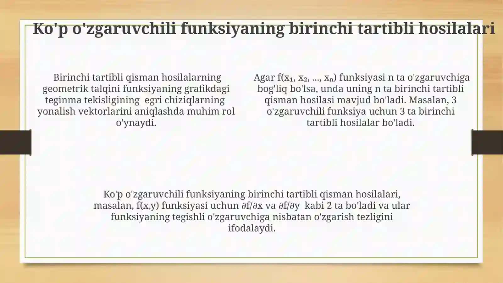 Ko`p o`zgaruvchili funksiyaning yuqori tartibli xosila va differensiali.Teylor formulasi 4