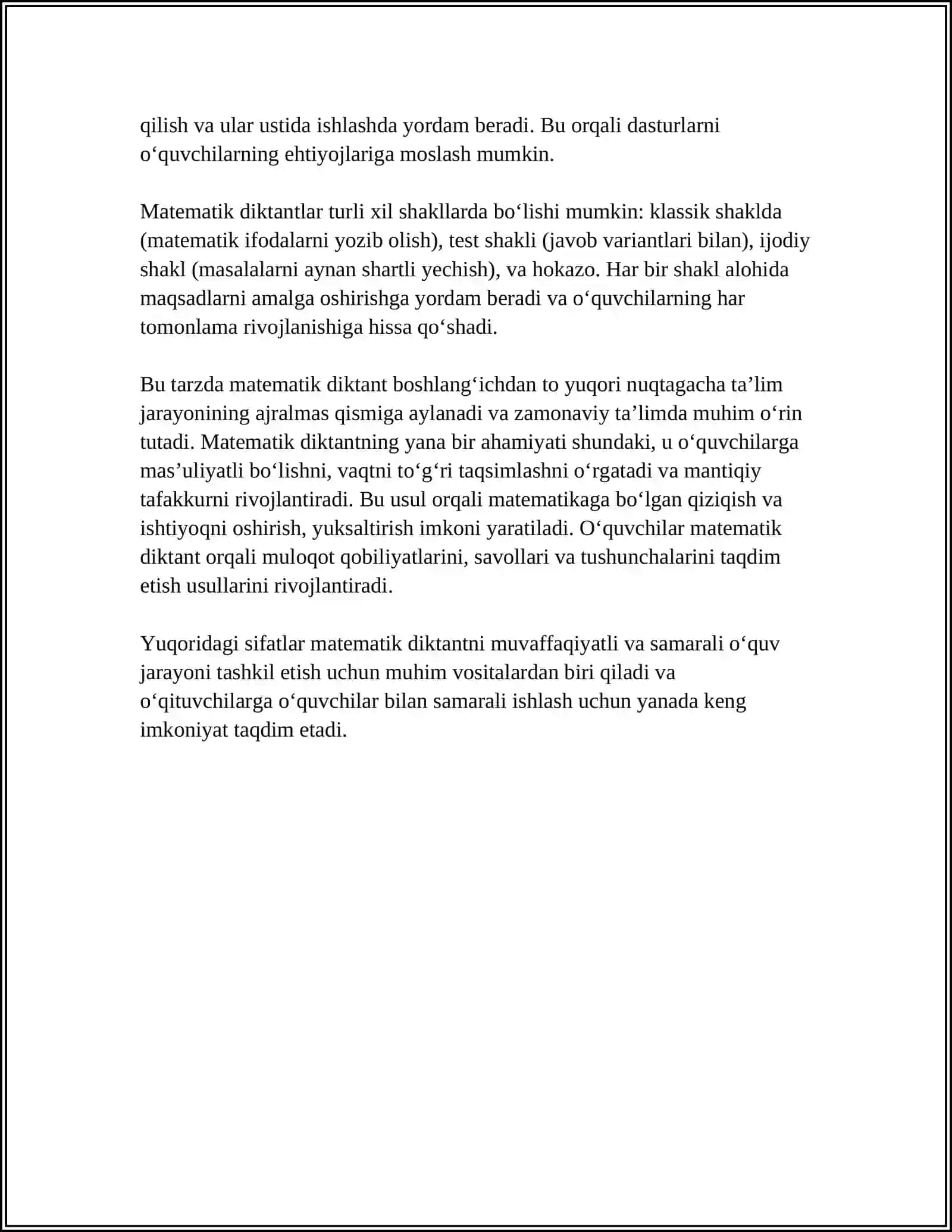 RAQAMLASHGA ÒRGATISHNING MATEMATIK DIKTANTNING ÒRNI 4