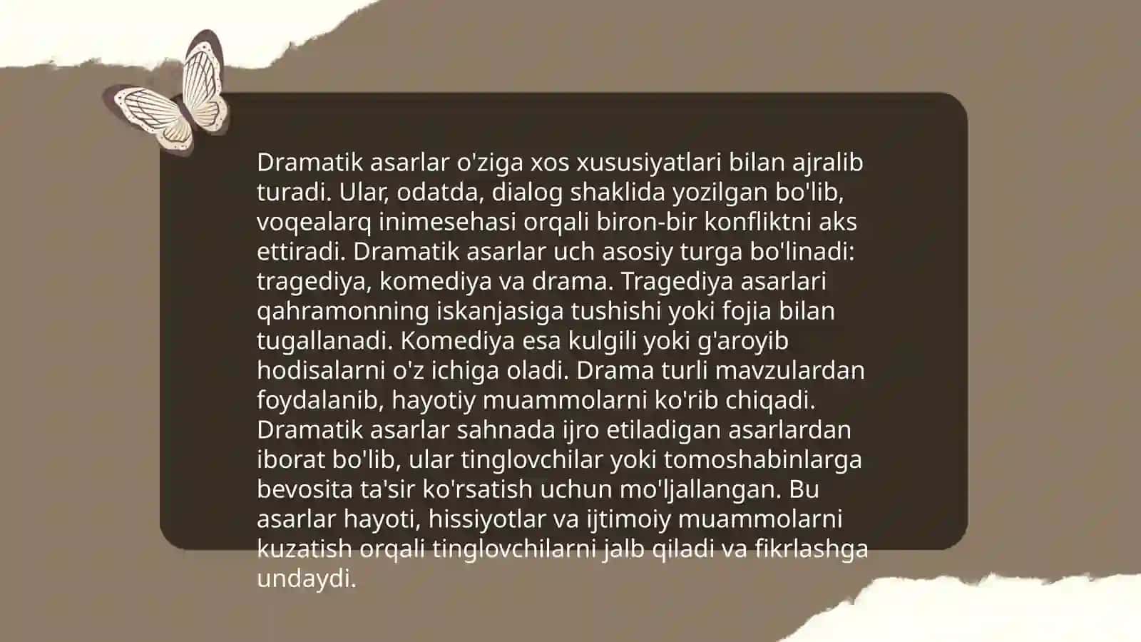 Toʻxta Boboyevning "Adabiyotshunoslik asoslari" asaridan dramatik tur va uning janrlari haqida 4