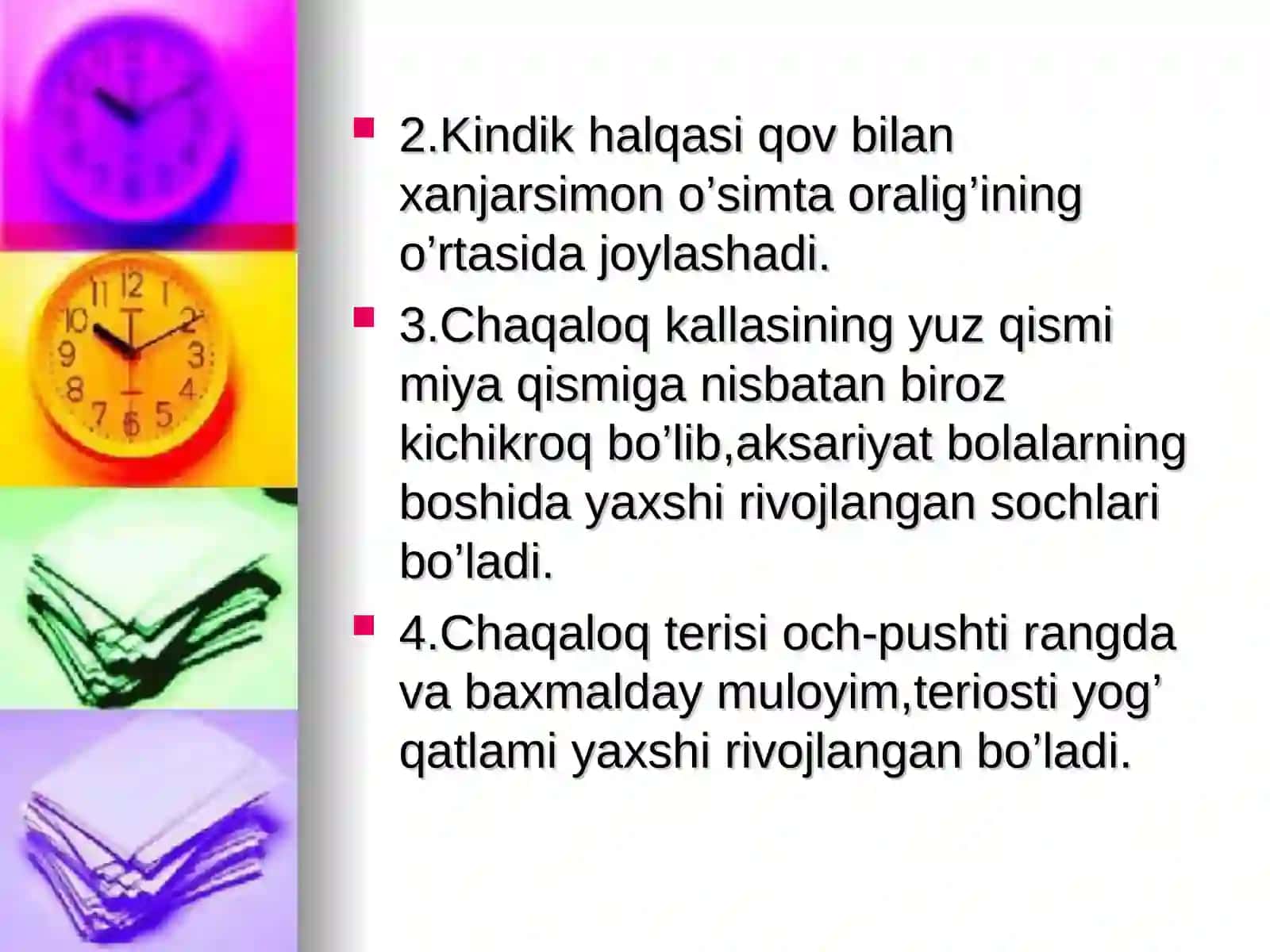 Sog’liqni saqlash tizimining birlamchi bo’g’inida bolalarga hamshiralik parvarishining xususiyatlari.Yangi tug’ilgan chaqaloqlarga hamshiralik parvarishi.Muddatiga yetmay tug’ilgan chaqaloqlarga hamshiralik parvarishi 4