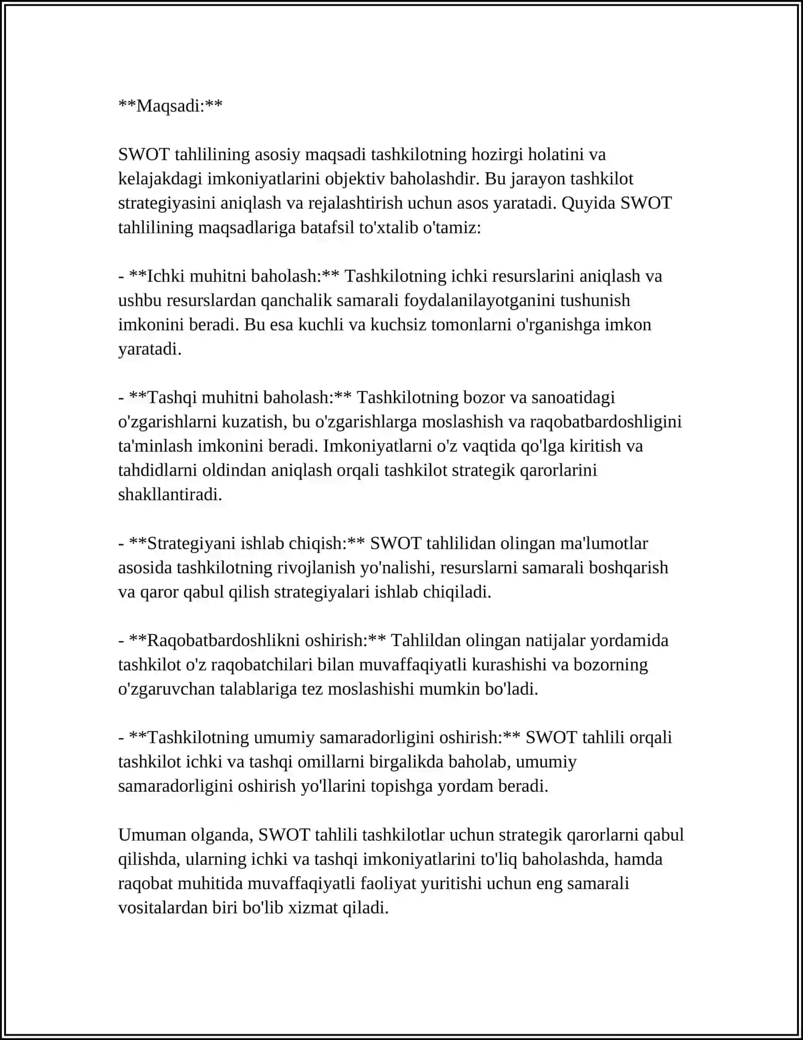 SWOT TAHLILI VA QO'LLANILISHI 4