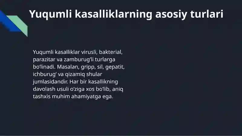 Yuqumli kasalliklarda davolash choralari. Shifokor amaliyotida jismoniy tarbiyaning ahamiyati. Mazkur mavzu yuqumli kasalliklarning kelib chiqish sabablari, davolash usullari va sog‘lomlashtirish jarayonida jismoniy tarbiyaning o‘rni haqida keng tushuncha beradi. 4