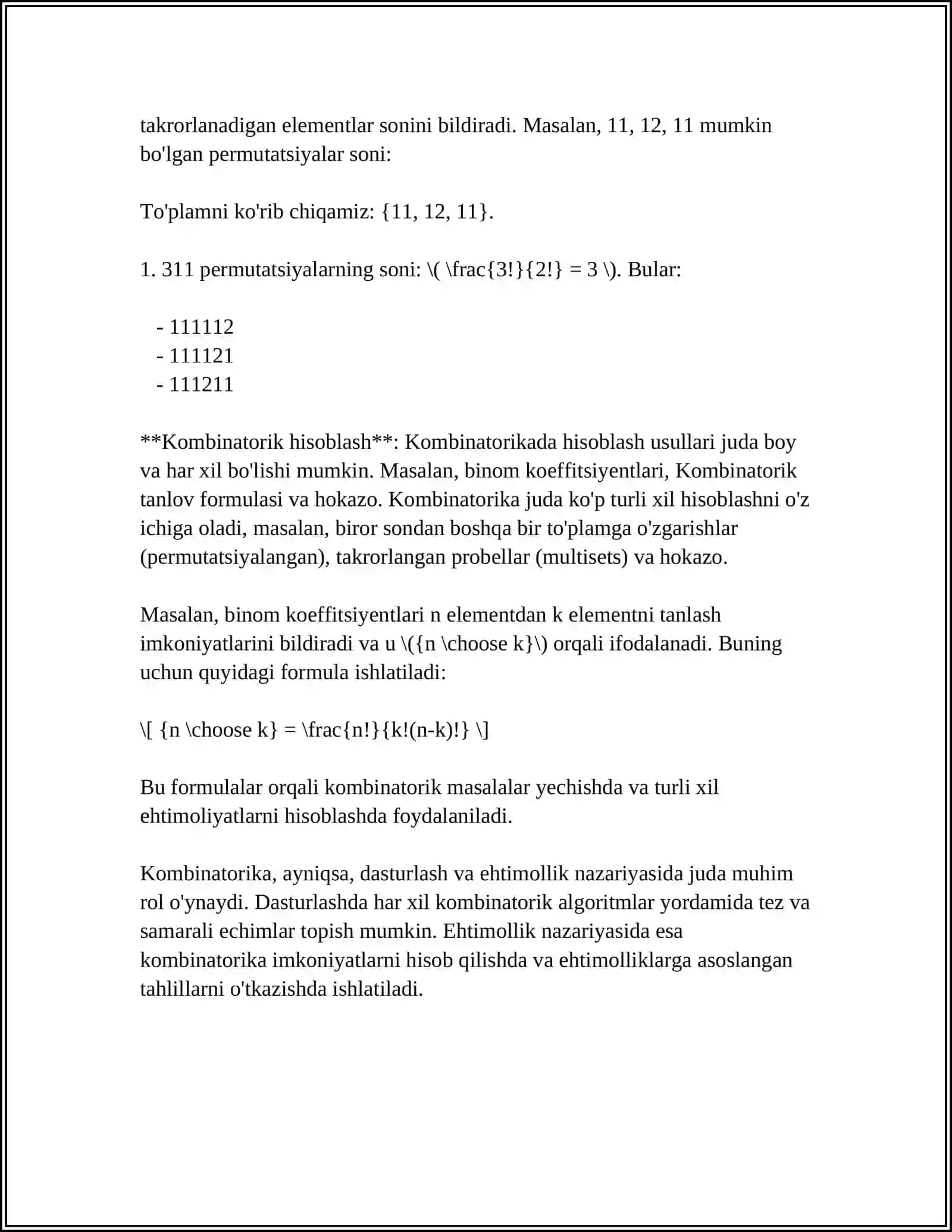 SONLI KETMA KETLIKNI KOMBINATORIKA, EHTIMOLLAR NAZARYASIDAGI TATBIQLARI 4
