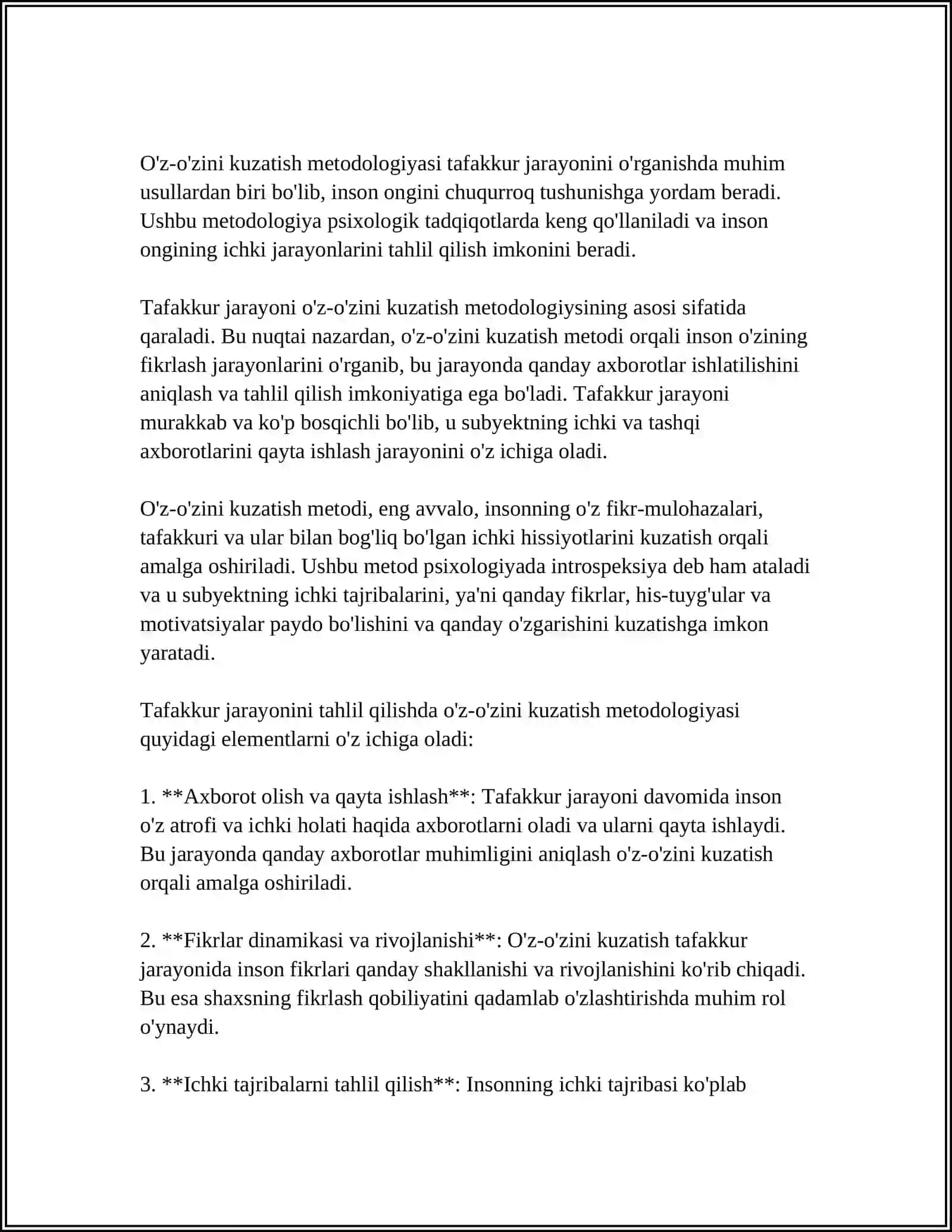 O'Z OZINI KUZATISH METODI TAFAKKUR JARAYONINI ORGANISH VA AXBOROT NAZARIYASI 4