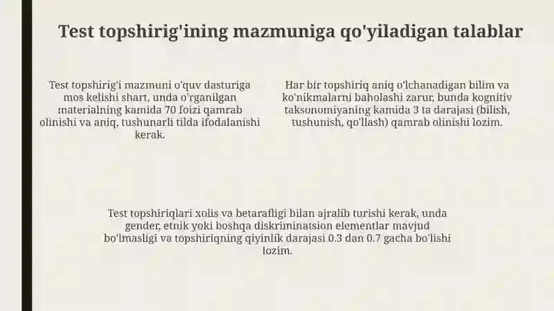 Test topshirig'ini tarkibi,mazmuni va samaradorligiga qo'yiladigan talablar 4