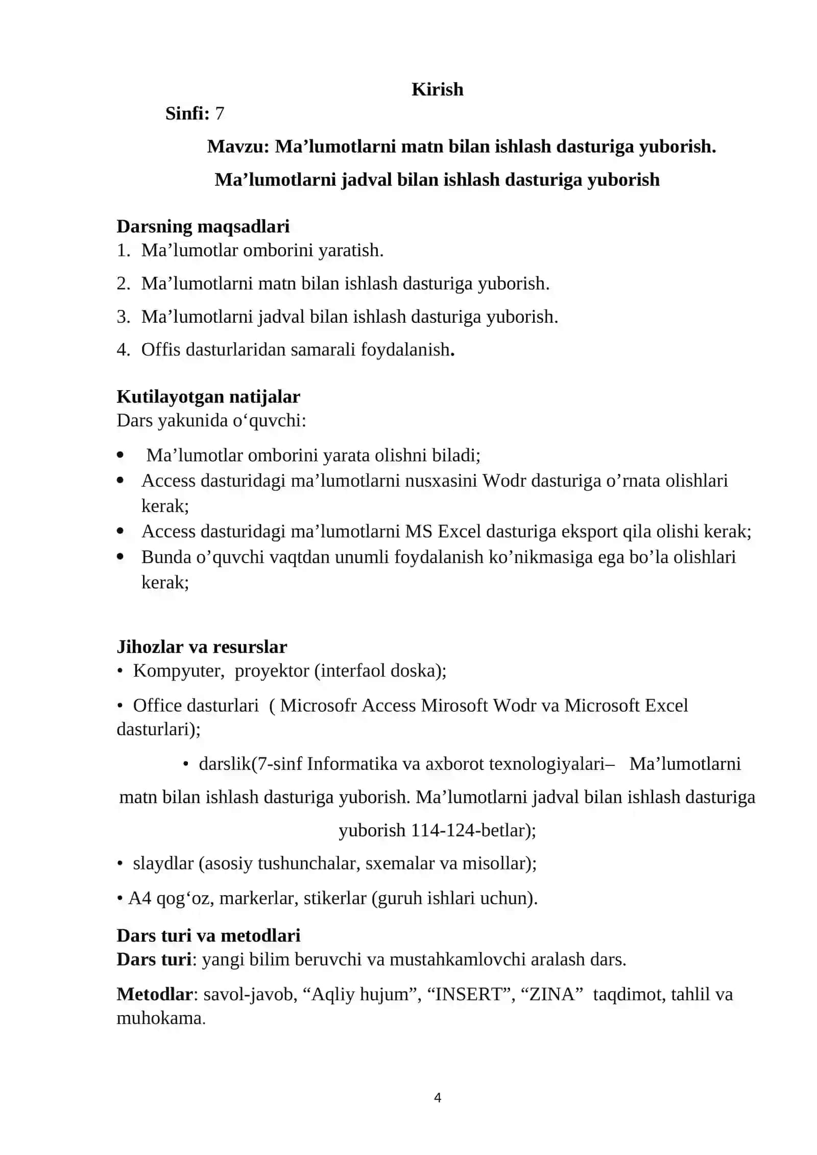 Ma’lumotlarni matn bilan ishlash dasturiga yuborish. Ma’lumotlarni jadval bilan ishlash dasturiga yuborish 4