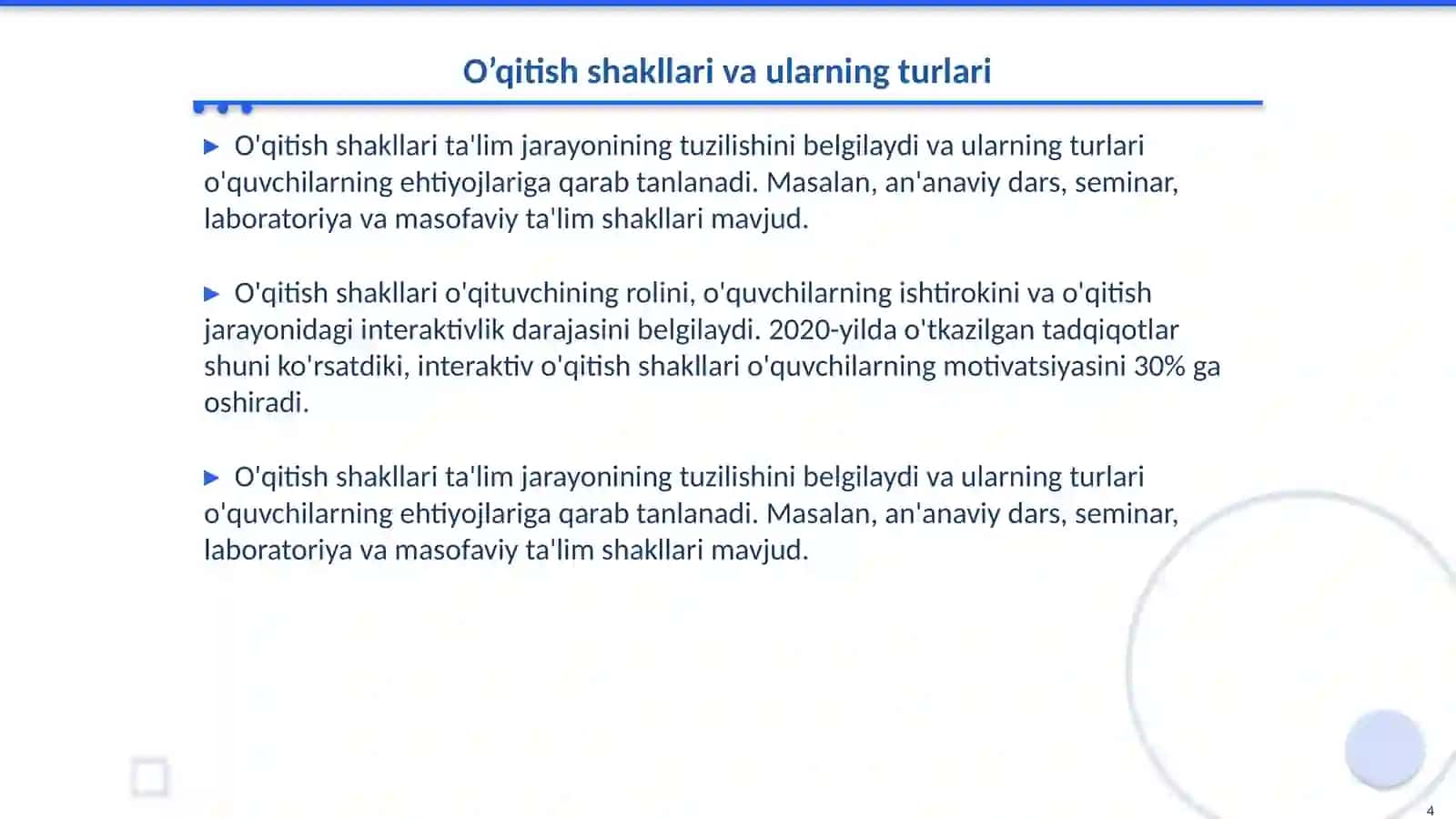 Texnologiya fanida qo’llaniladigan didaktik tamoyillar, o’qitish shakllari va metodlariga tavsif 4