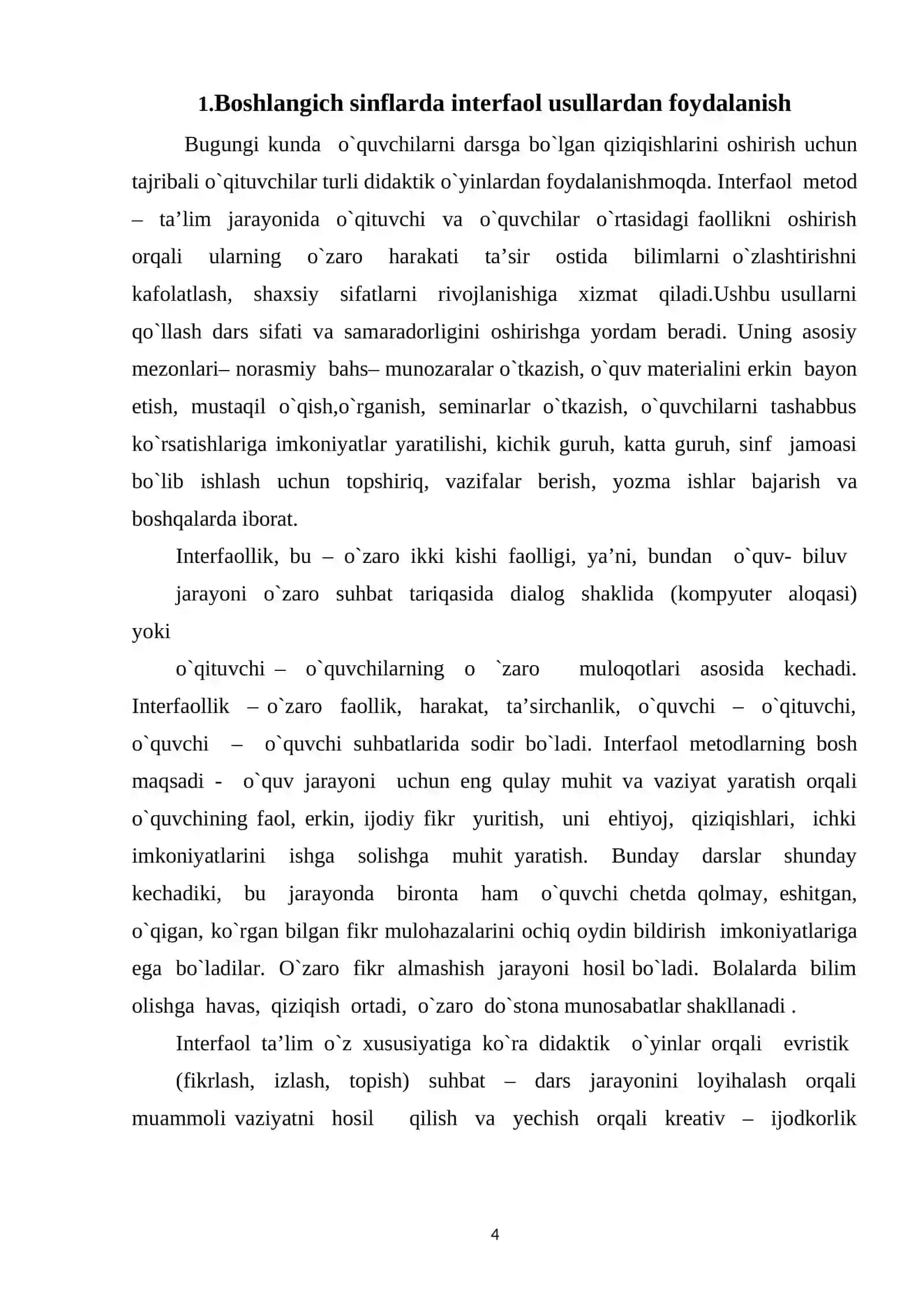 Boshlang’ich sinf o’qish darsini yangi pedagogik texnologiyalar orqali tashkil etishda interfaol usullardan foydalanishning shakl, metod va vositalaridan foydalanishning ta’limiy ahamiyati 4