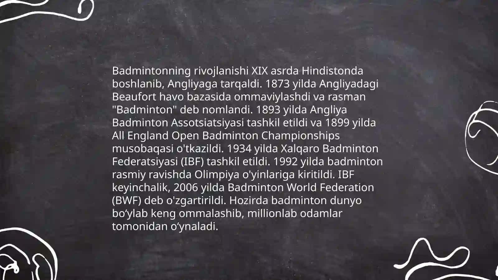 Badminton o‘yinining kelib chiqishi va rivojlanish tarixi o‘yin qoidalari, texnikasi tasnifi 4