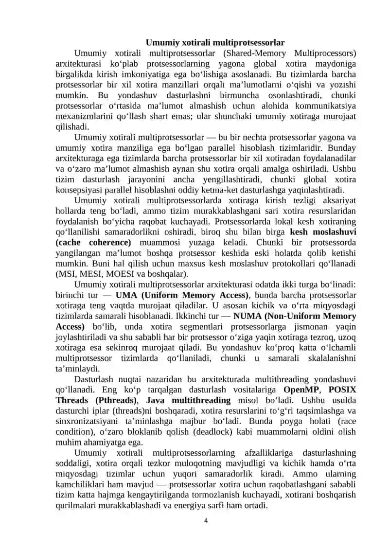 Parallel kompyuterlar: umumiy va ajratilgan xotirali multiprotsessorlar va multikompyuterlar 4