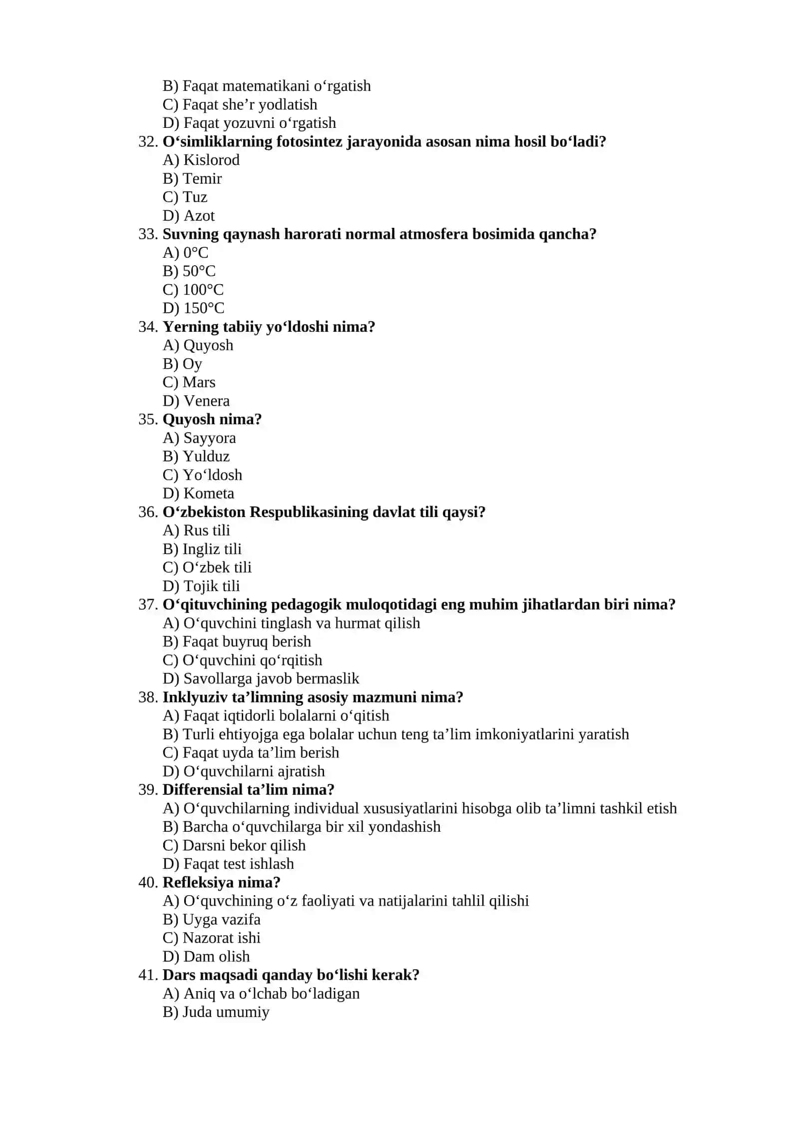 PEDAGOG XODIMLAR UCHUN KASBIY SERTIFIKAT TUSHADIGAN SAVOLLAR bOSHLANGICH TALIM YONAISHI UCHUN 1- VARIANT 4