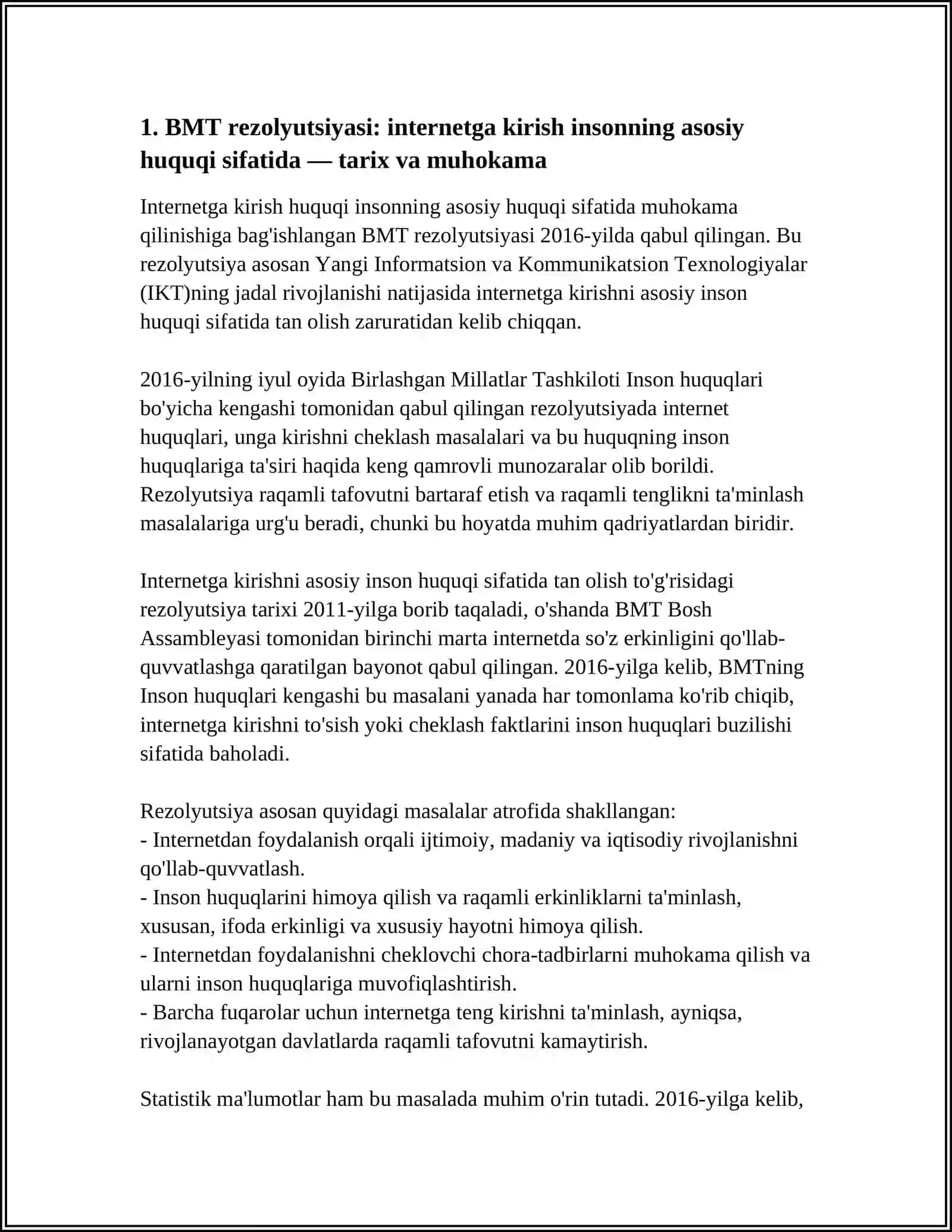 INTERNETDAN FOYDALANISH INSONNING ASOSIY HUQUQI SIFATIDA BMT REZALYUTSIYASI QACHON QABUL 4