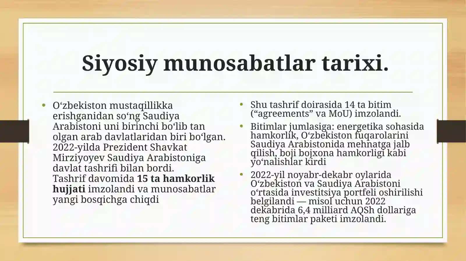 O‘zbekiston va Saudiya Arabistoni o‘rtasidagi hamkorlik munosabatlari 4