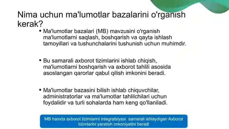 MA’LUMOTLAR BAZASINING MAQSADI, VAZIFALARI VA ASOSIY TUSHUNCHALARI 4