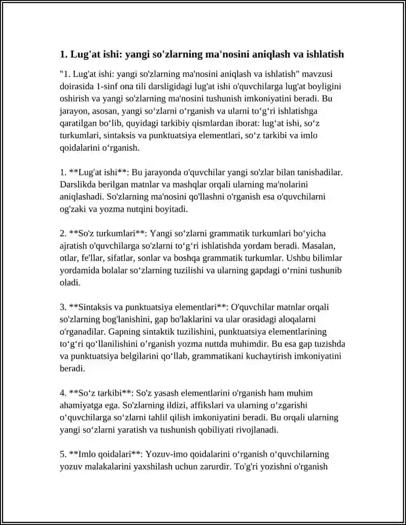 1-SINF ONA TILI DARSLIGI (1-2-QISMLAR) TARKIBIDAGI LUG'AT ISHI, SO'Z TURKUMLARI, SINTAKSIS VA PUNKTUATSIYA ELEMENTLARI, SO'Z TARKIBI VA IMLO 4