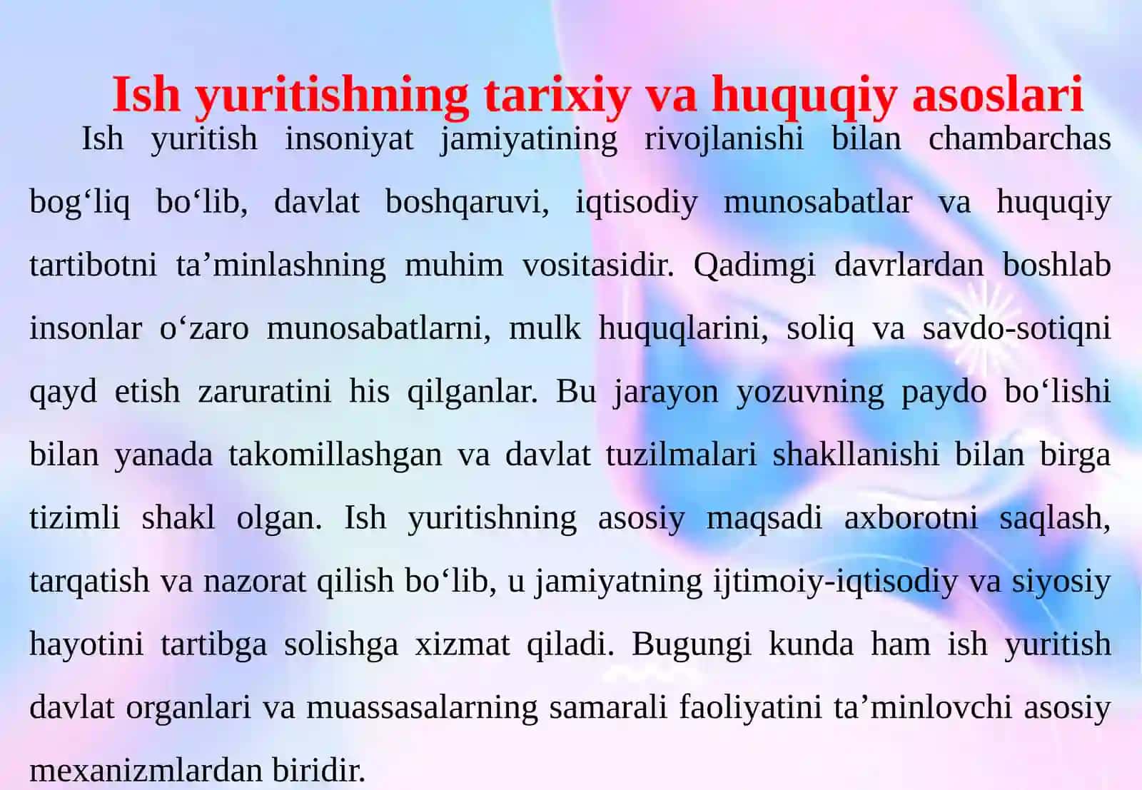 Ish yuritishning huquqiy asoslari, tili va usullariga oid tahliliy material tayyorlash 4
