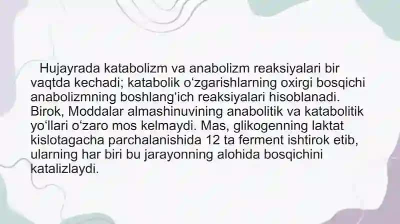 MODDALAR ALMASHINUVIGA KIRISH. OVQATLANISH        BIOKIMYOSI. METABOLIZM TOG'RISIDA TUSHUNCHA. 4
