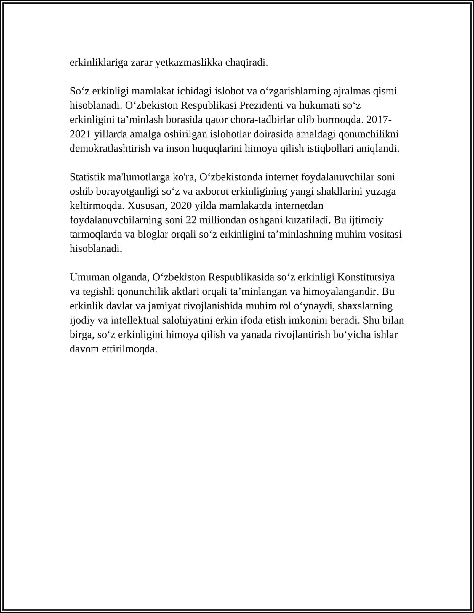 O‘ZBEKISTON RESPUBLIKASI SO‘Z ERKINLIGINI TA'MINLASH: OMMAVIY AXBORAT VOSITALARI VA MATBUOT 4