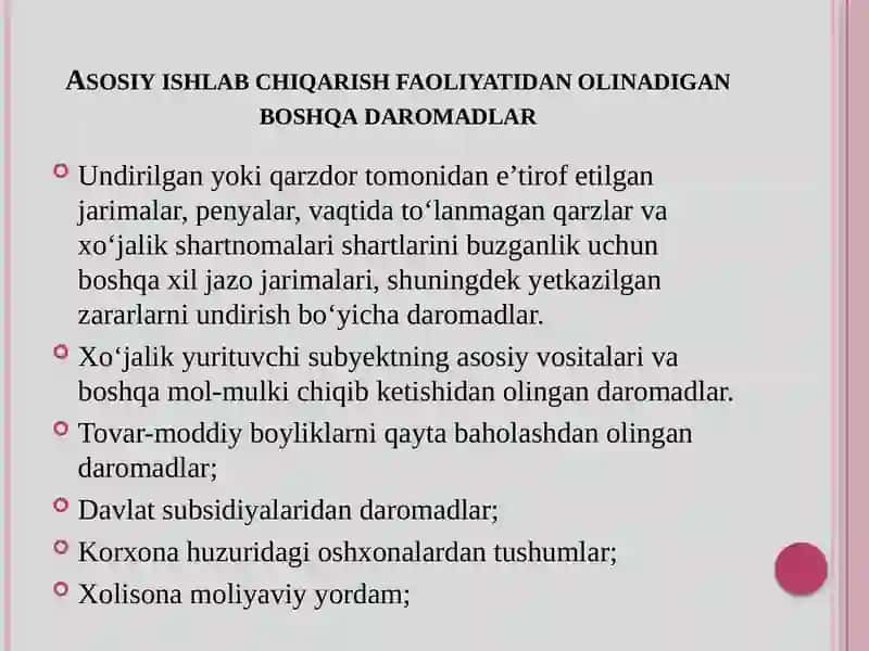 Xo‘jalikyurituvchi subyektlarningishlabchiqarish—xo‘jalik faoliyat natijasidaolinadigandaromadlarro‘yxati 4