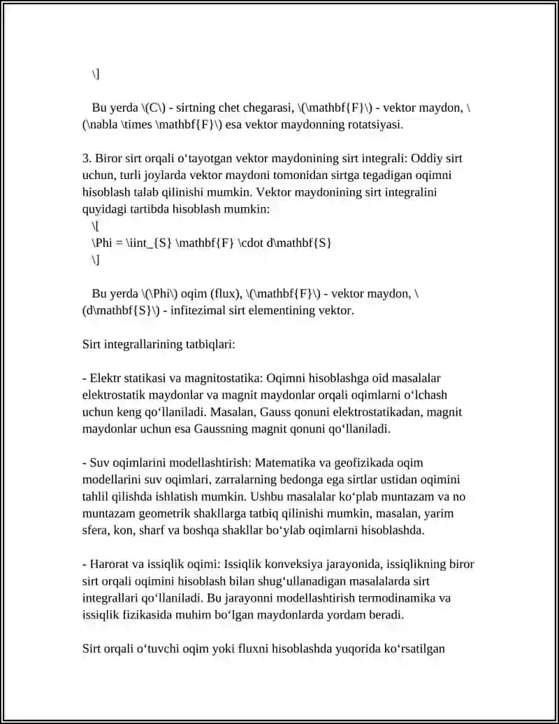 SIRT INTEGRALLARNING TATBIQLARI 4
