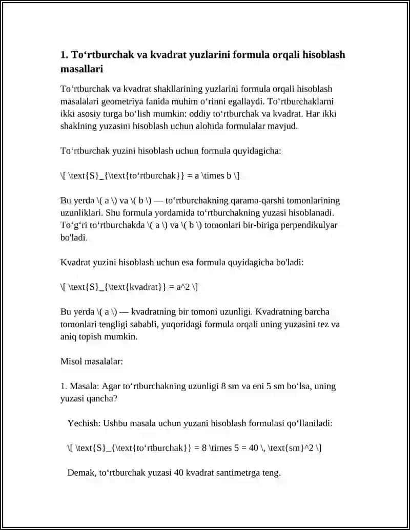 Toʻrtburchak va kvadrat yuzlarini formula orqali hisoblash masallari 4