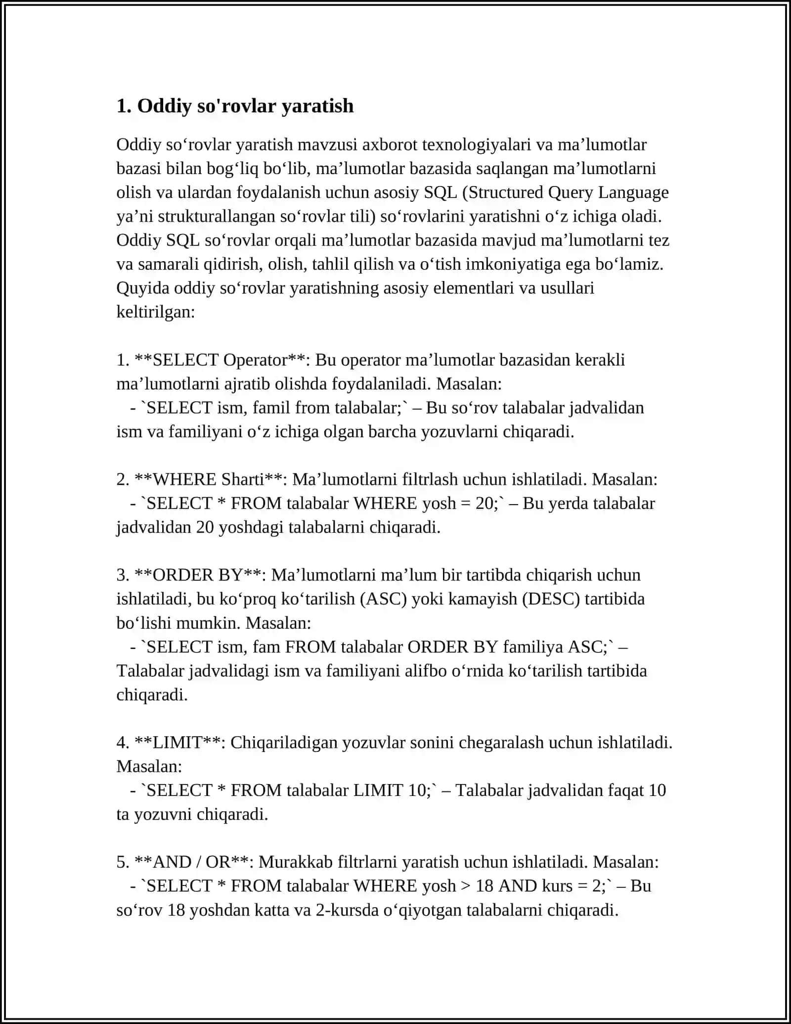 MICROSOFT OFFICE ACCESS DASTURI YORDAMIDA TURLI XIL SO'ROVLAR YARATISH 4