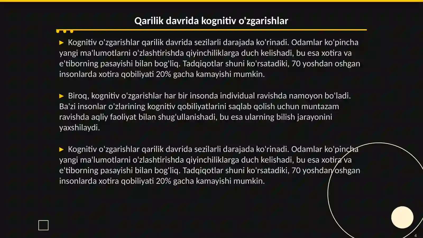Qarilik davrida bilish jarayonidagi ôzgarishlar. Qarilik davri yosh inqirozlari 4