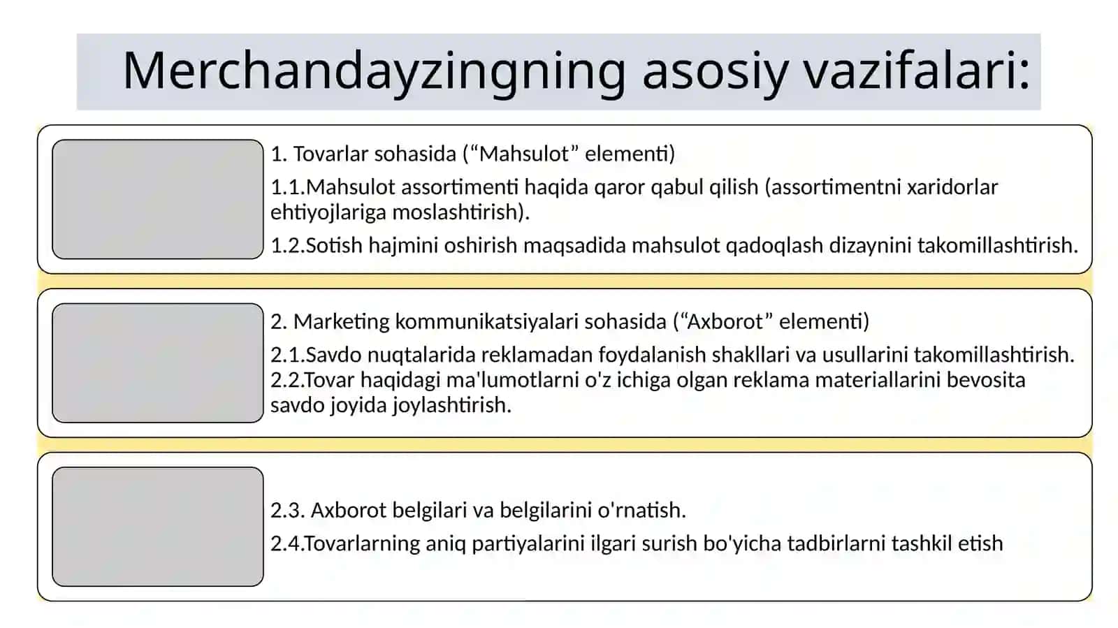 Merchandayzingning asosiy maqsadlari, vazifalari va funktsiyalari 4