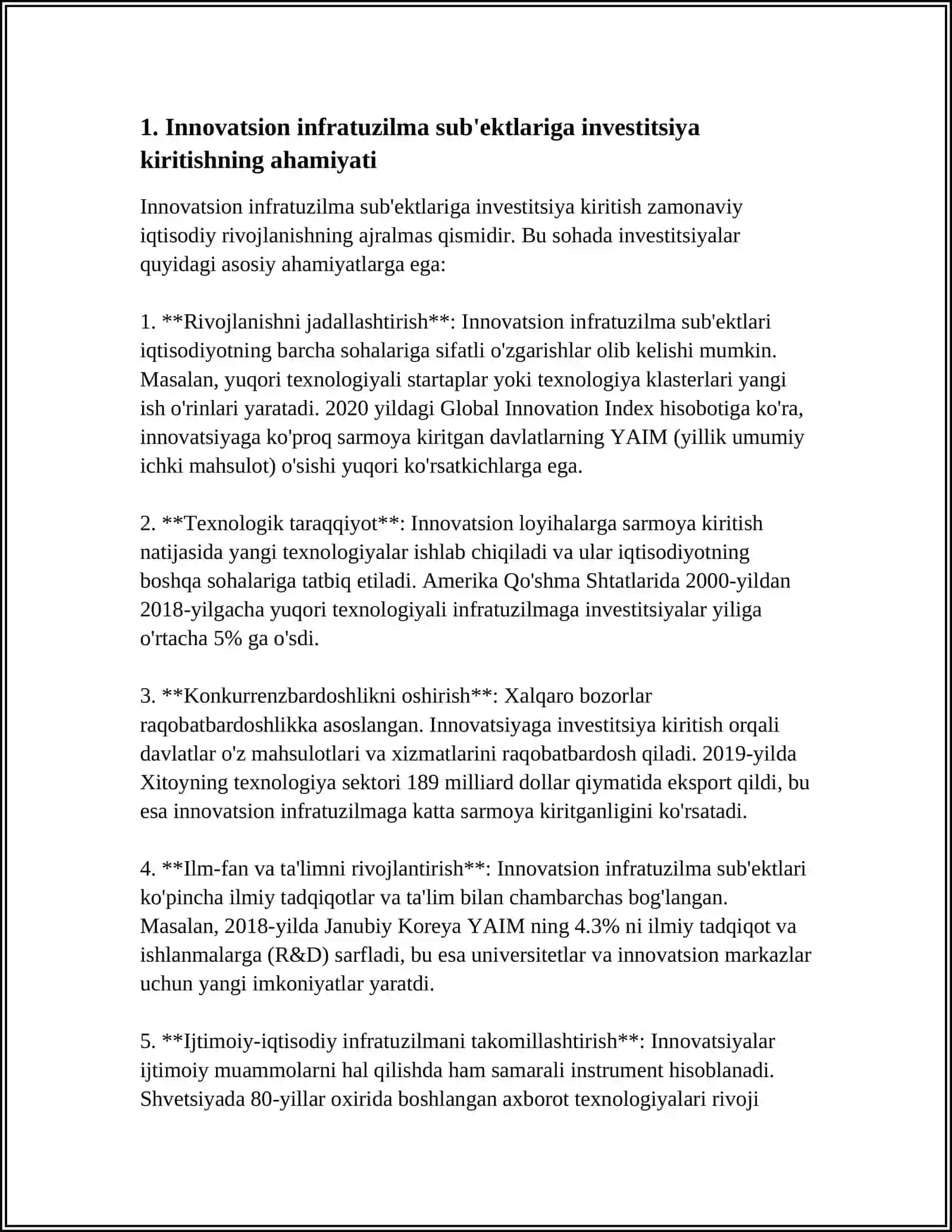 RIVOJLANAYOTGAN MAMLAKATLARDA INNAVATSION INFRATUZILMA SUB'EKTLARIGA INVESTITSIYALAR ASOSIDA MOLIYALASHTIRISH 4
