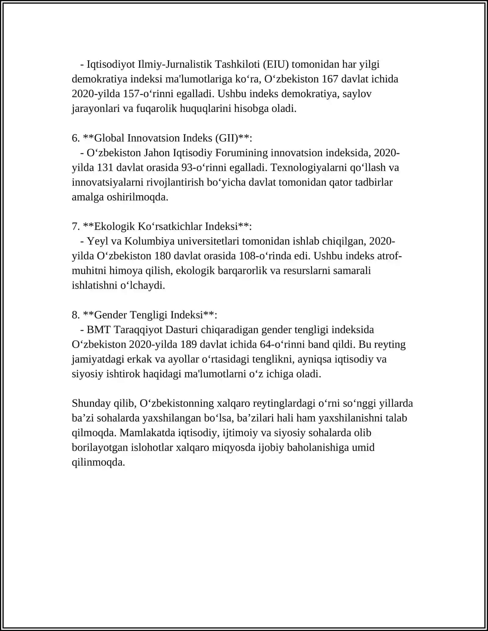 YANGI O’ZBEKISTON IJTIMOIY-SIYOSIY IQTISODIY VA MADANIY HAYOTIDA ROY BERAYOTGAN OZGARISHLARNING XALQARO REYTING VA INDELSLARDA AKS ETTISHI 4