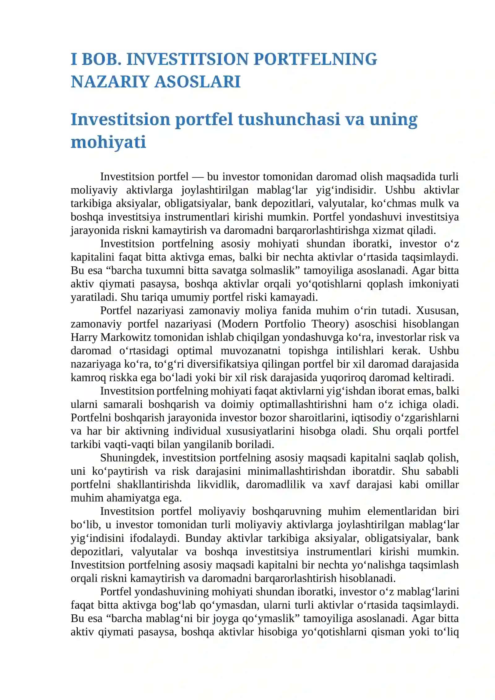 Investitsion portfelni tahlil qilish metodlari 4