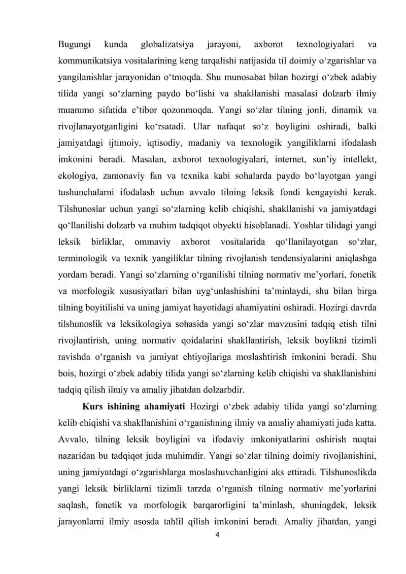 Hozirgi o`zbek adabiy tilida yangi so`zlarning kelib chiqishi va shaklllanishi 4