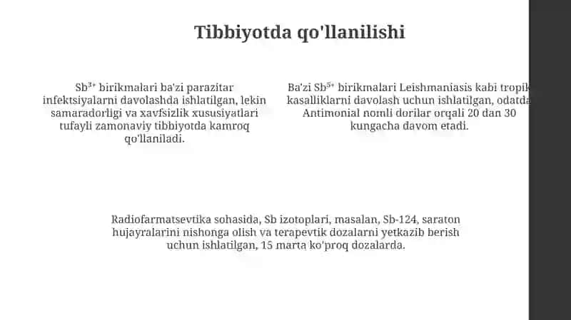 5 guruh Sb³⁺ / Sb⁵⁺ kationlarini tibbiyotda qoʻllanilishi va analitik reaksiyalari 4