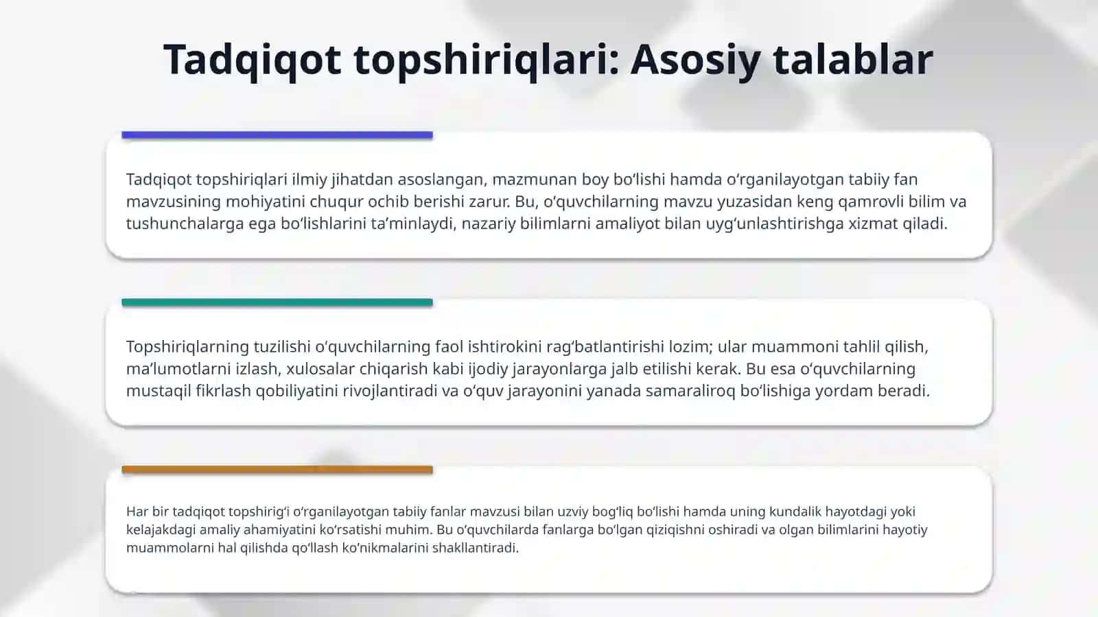 Tabiiy fanlar taʼlimiga tadqiqotda beriladigan topshiriqlarga qoʻyiladigan talablar 4