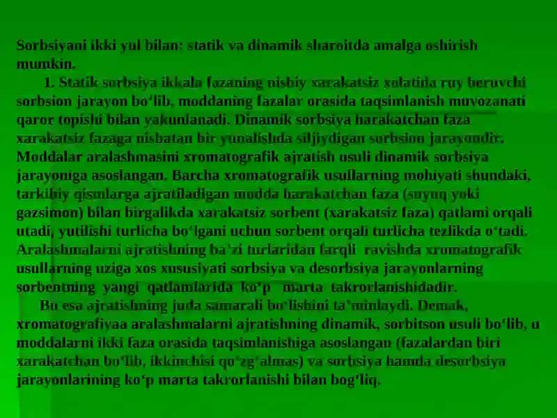 Xromatografik analiz usuli, klassifikatsiyasi va qo'llanilishi. 4
