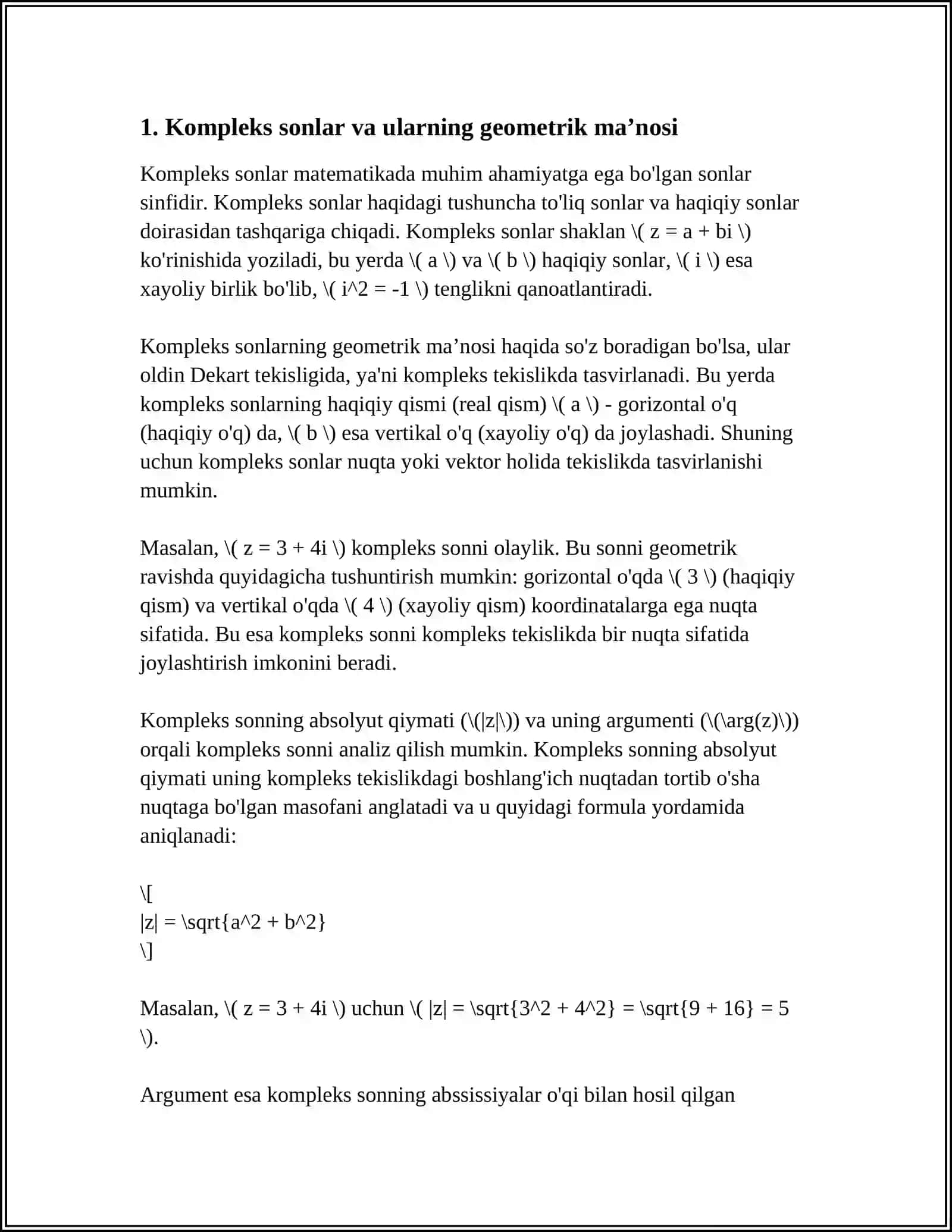 KOMPLEKS SONLARNING GEOMETRIK MAʼNOSI VA TRIGONOMETRIK SHAKLI 4