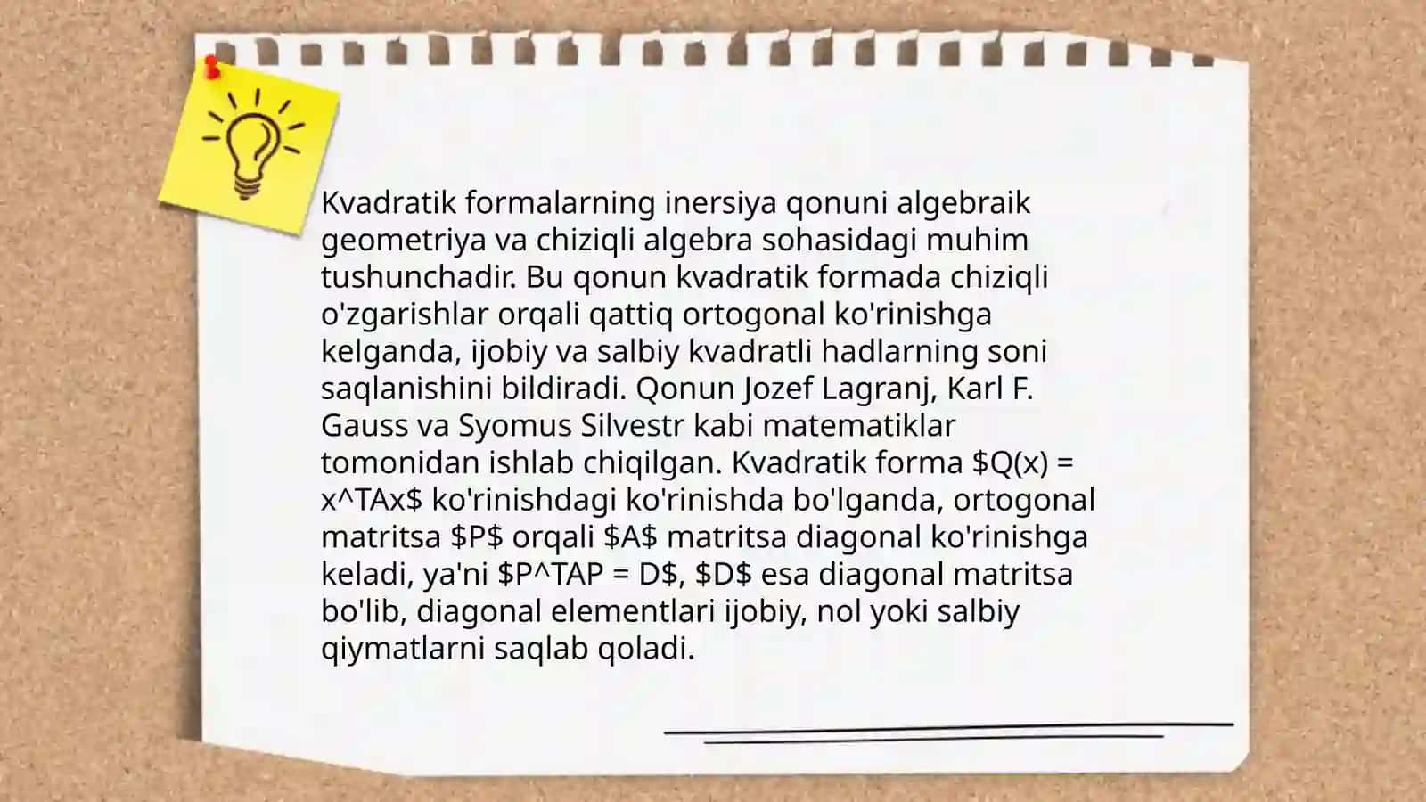 Musbat aniqlangan kvadratik formalar inersiya qonuni 4