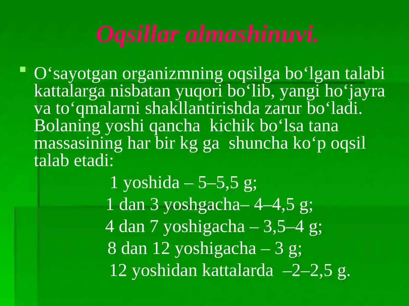 Moddalar va energiya almashinuvining yoshga oid xususiyatlari. Oziqlanish 4